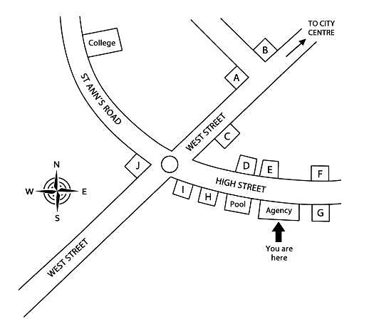 Map for questions 15-20 (bank, house, hostel, flat, post office, bus stop)