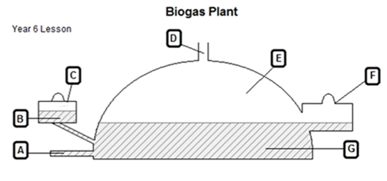 Biogas plant cross-section diagram for questions 21-25 (inlet pipe, mixing chamber, gas outlet valves, gas storage dome, outlet chamber, slurry pit)